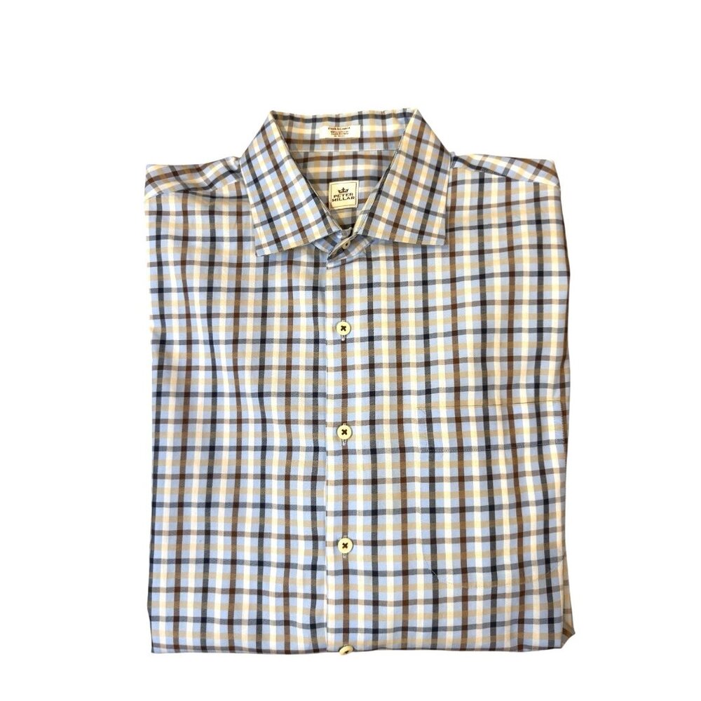 PETER MILLAR Mens Dress Shirt Button Up Multicolor Plaid Spread Collar Size XL